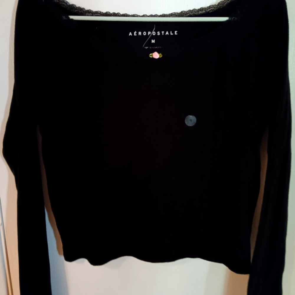 Aeropostale Black Long Sleeve Crop Blouse Pointelle Knit